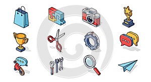 Diverse Isometric Vector Icon Collection on White Background Showcasing Design Elements
