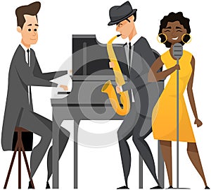 Diverse jazz band with black skin female singer. Group of musicians playing by musical instrument