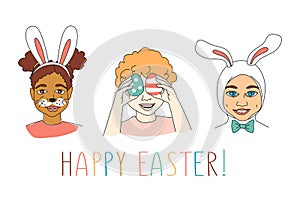Diverse Kid`s Children`s heads Happy Easter Greeting card photo