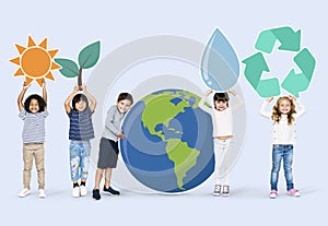 Diverse kids with environment icons