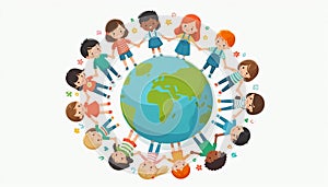 Diverse kids holding hands in a circle around Earth, symbolizing unity, modern flat vector, isolated on white photo