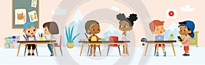 Diverse kids pupils in class room at art lesson vector flat illustration painting or drawing picture