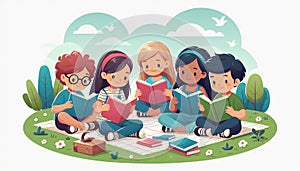 Diverse kids reading books in the park, teamwork, sharing, and learning, vibrant flat design, isolated