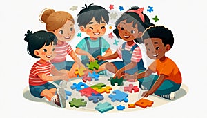 Diverse kids solving a puzzle together, teamwork and problem-solving, flat design, isolated vibrant colors photo