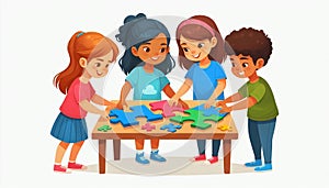 Diverse kids solving a puzzle together, teamwork and problem-solving, flat design, isolated vibrant colors photo