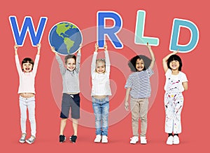 Diverse kids supporting world environment