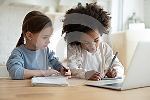 Diverse little sisters study online on laptop together