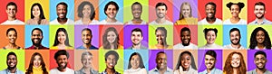 Diverse Males And Females Smiling Faces Over Colorful Backgrounds, Collage