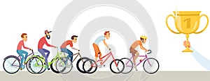 Diverse man competition. Men ride bicycles, hand hold trophy. Winners, male racers vector characters