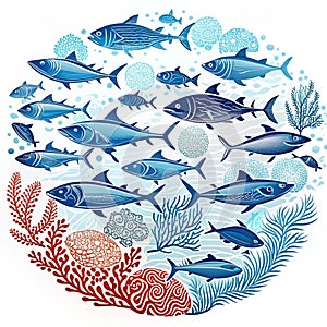 Diverse marine life in a circular underwater scene