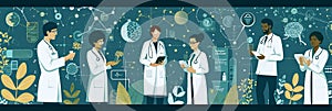 Diverse medical team providing comprehensive care to patients in detailed illustration