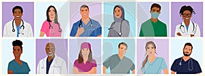 Diverse medical worker doctor nurse vector avatars