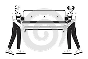 Diverse men furniture movers black and white cartoon flat illustration