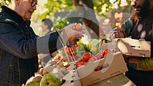 Diverse men talking about farmers market produce on counter