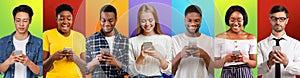 Diverse men and women using smartphones over colorful background, collage