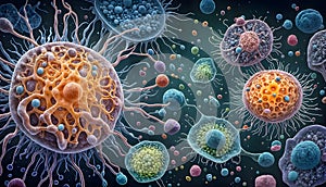 Diverse microorganisms and intricate cellular structures.