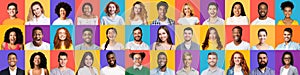 Diverse Millennial People`s Faces Smiling On Colorful Backgrounds, Collage, Panorama