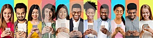 Diverse Millennials Using Smartphones Texting Over Colorful Backgrounds, Collage