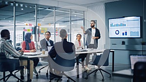 Diverse Modern Office: Businessman Leads Business Meeting with Managers, Talks, uses Presentation