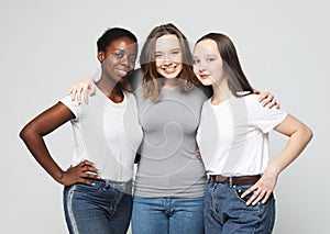 Diverse multi nation female group, african-american and caucasian teenage friends company