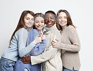 Diverse multi nation female group, african-american and caucasian teenage friends company