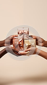 Diverse multicultural female hands holding gift boxes with satin bows on a beige background