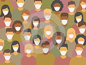 Diverse multicultural group men and women wearing medical masks.