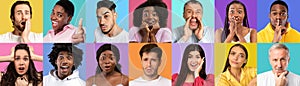 Diverse Multicultural People With Different Emotions Posing On Bright Backgrounds