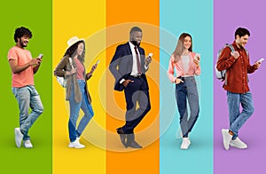 Diverse Multiethnic People Using Smartphones While Standing Over Colorful Backgrounds