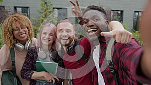 Diverse multiracial college university friends happy gen z multiethnic people teens students smiling record video blog