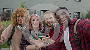 Diverse multiracial gen z university friends happy smiling teens students record video blog vlog influencer selfie photo