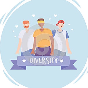 Diverse multiracial and multicultural people, diversity men and woman cartoon character