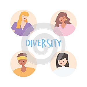 Diverse multiracial and multicultural people, female avatar profile diversity faces