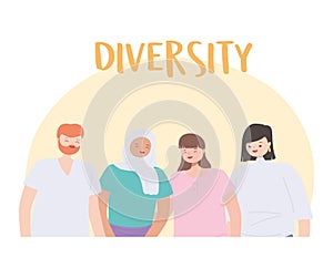 Diverse multiracial and multicultural people, young group persons together characters