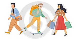 Diverse passerby people walk on city street vector