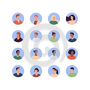 Diverse people avatar set. Vector flat people illustration. Pack of adult man and woman character of diversity ethnic in round