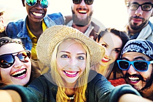 Diverse People Beach Summer Friends Fun Selfie Concept