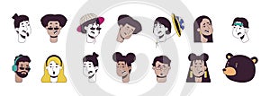 Diverse people and bear 2D linear cartoon closeup faces set