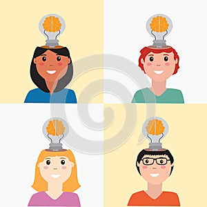 Diverse People with brain light bulbs show.Vector.Ilustration.EPS10.