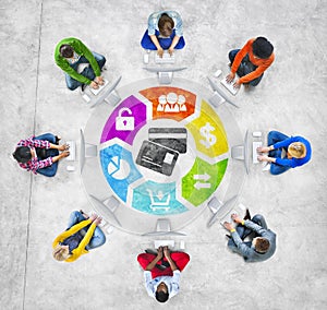 Diverse People in a Circle Using Computer with Financial Concept