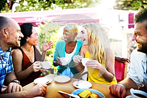 Diverse People Coffee Shop Outdoors Chat Concept