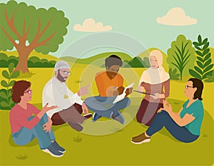 Diverse people collaborating outdoors in casual setting showing teamwork unity and inclusion