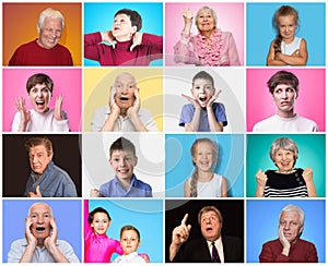 Diverse people with different emotions. Collage of diverse multi-ethnic and mixed age range people