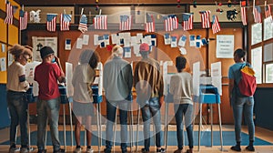 Diverse people engaged in voting at US election booths in a nicely decorated classroom