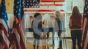 Diverse people engaged in voting at US election booths in a nicely decorated classroom