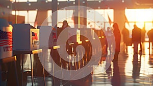 Diverse people engaged in voting at US election booths with sunlight streaming in