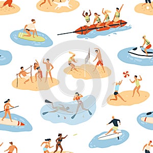 Diverse people enjoying summer outdoor activity seamless pattern. Happy man and woman having leisure at beach, in sea or