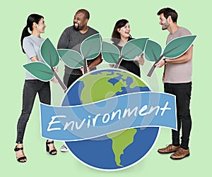 Diverse people with environmental conservation concept icons