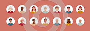 Diverse people face avatar set. Abstract flat man woman portraits, different person characters in circle. Vector illustration