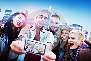 Diverse People Friends Fun Bonding Smart Phone Concept